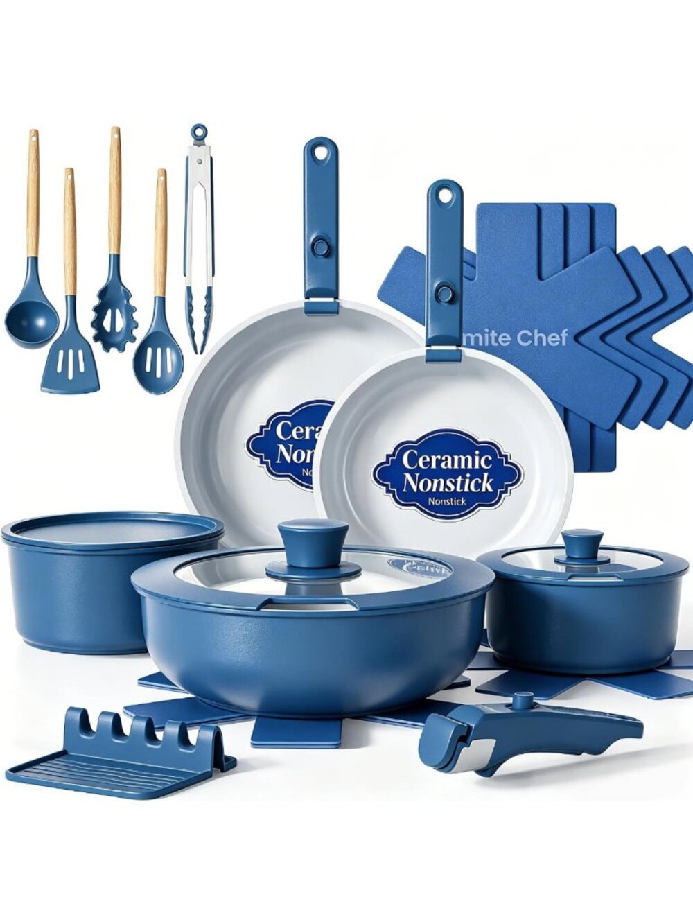 21-Piece Non-Stick Ceramic Cookware Set with Detachable Handles & Utensils